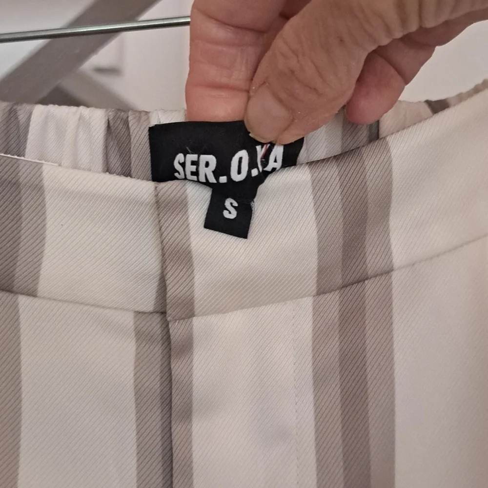 Seroya Marlowe Satin Cream & Tan Neutral Striped Trousers Sz S LIKE New - Picture 4 of 8